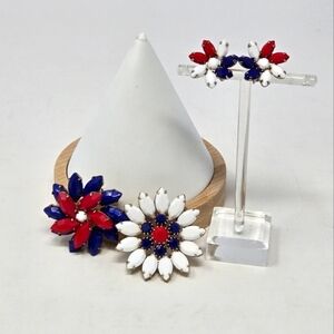 VINTAGE BROOCH CLIP ON EARRINGS RED WHITE & BLUE AMERICANA FASHION JEWELRY WOMEN